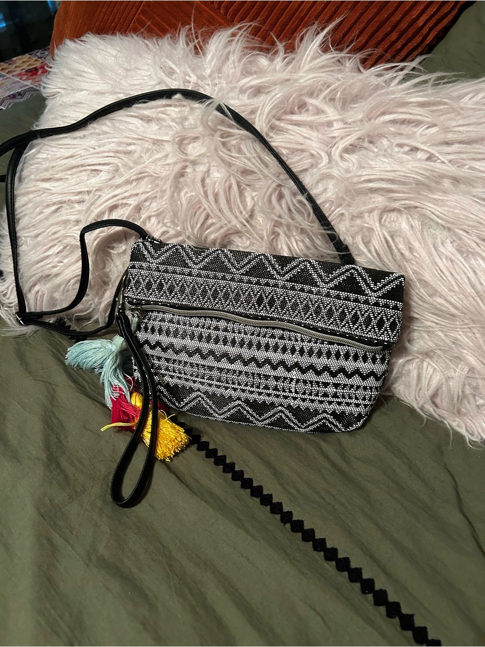 Black & White Patterned Crossbody Bag with Tassel Detail